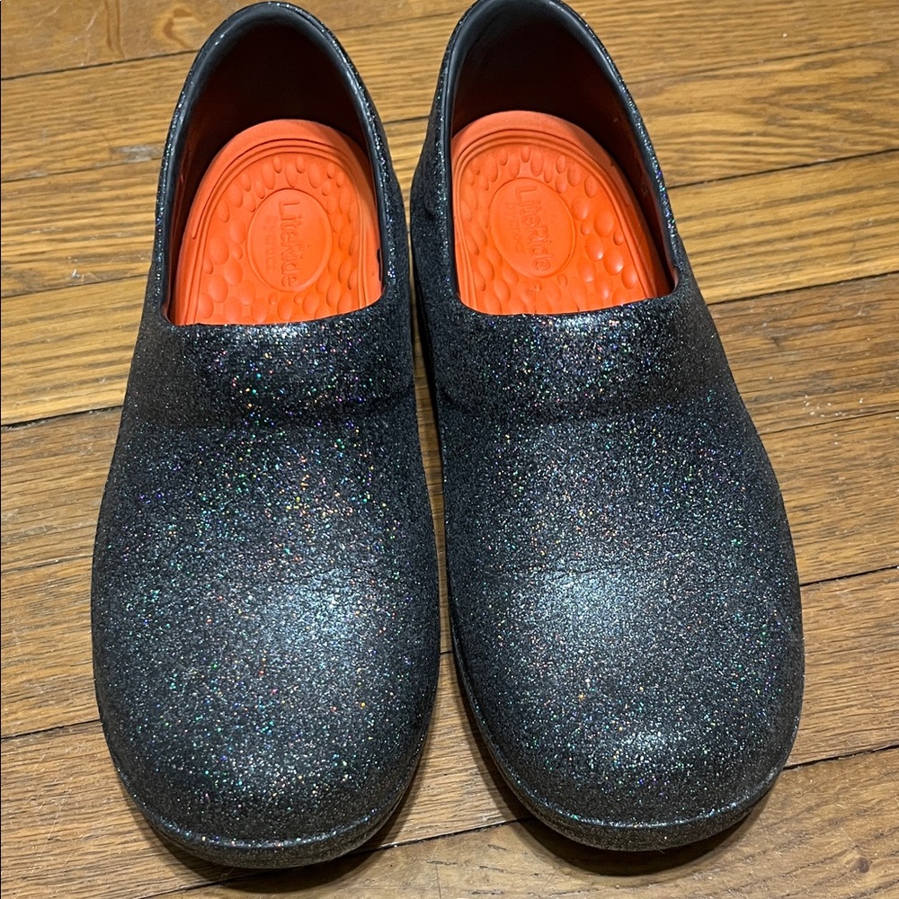 CROCS Sparkle Black Mules with Vibrant Orange Footbed